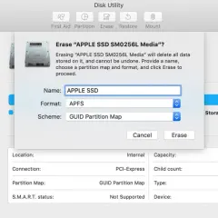 Festplatte "APPLE SSD" wird gelöscht. Hier werden Mac Laufwerke angezeigt und formatiert.