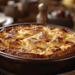 Un délicieux pain perdu doré et croustillant, saupoudré de sucre glace, dans un plat en terre cuite.