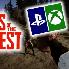 Sons of the Forest" Logo mit PlayStation- und Xbox-Symbolen. Ein Mann denkt nach, während im Hintergrund ein mutierter Gegner lauert. Kommt das Spiel für die PS5?