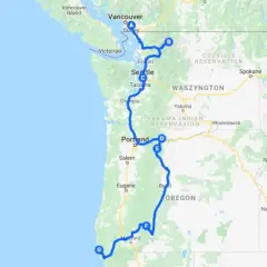Trasa podróży przez stany USA: Waszyngton i Oregon, od Vancouver po wybrzeże.