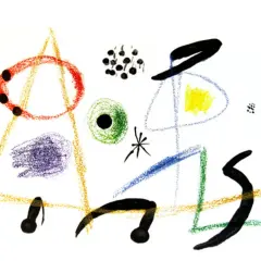 A whimsical Miro artist creation with abstract shapes: red circle, yellow square, blue and green lines, and black forms.