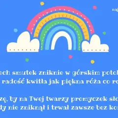 Kolorowa tęcza nad chmurkami, z tekstem pełnym ciepłych życzeń dla mamy.