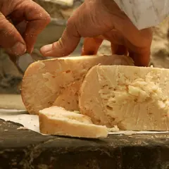 Mani che tagliano un pezzo di formaggio di fossa Talamello, dal sapore intenso e autentico.