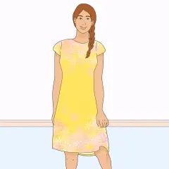 A woman in a yellow floral dress, ready to learn how to line a dress.