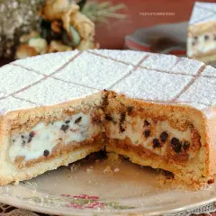 Una fetta di cassata al forno, con la sua crema bianca e gocce di cioccolato, cosparsa di zucchero a velo.