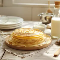 Une pile de crêpes dorées, prêtes à être dégustées. La recette crepe moelleuse est à portée de main avec le lait, la crème et les ustensiles disposés autour.