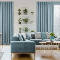 Przytulny salon w stylu marynistycznym. Jasne zasłony, wygodna kanapa i rośliny tworzą relaksującą atmosferę.