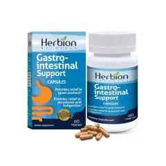 Opakowanie i butelka suplementu diety Herbion Gastro-intestinal Support z kapsułkami.