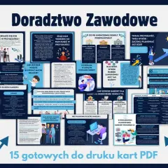Ilustracja przedstawia kolaż grafik i tekstu na temat doradztwa zawodowego.