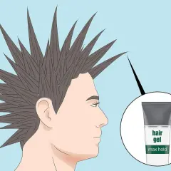 Un hombre con un peinado mohicano en pico, con puntas afiladas hacia arriba. Un círculo muestra un tubo de gel para el cabello de fijación máxima.