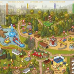 Carte d'un parc d'attractions avec des attractions, des zones de jeux et des services.