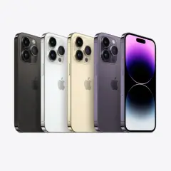 Pięć iPhone'ów 14 Pro w różnych kolorach: czarnym, białym, złotym, fioletowym i z fioletowym ekranem.