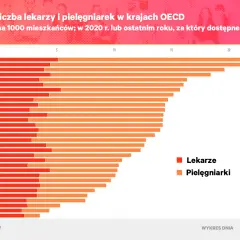 Wykres pokazuje, ile jest lekarzy w Polsce (ok. 3 na 1000 mieszkańców) i pielęgniarek w krajach OECD.