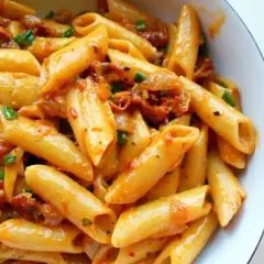 Penne z sosem z suszonych pomidorów, czosnkiem i zieloną cebulką. Pyszne danie, które zachwyci każdego miłośnika makaronu.