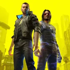 Dwóch mężczyzn w neonowym mieście. Zastanawiasz się, ile godzin zajmie Ci przejście Cyberpunk 2077?