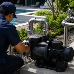 Technik sprawdza pompę basenową, kluczowe dla ustalenia, jak często włączać pompę w basenie.