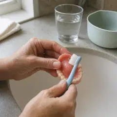 Mani che puliscono una dentiera con uno spazzolino azzurro. Impara come lavare la dentiera per mantenerla igienica.
