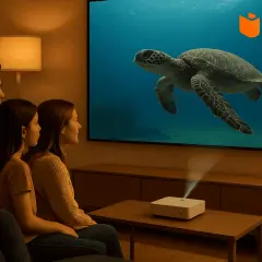Una famiglia guarda un documentario sulle tartarughe marine proiettato da un dispositivo che spiega cosa sono i proiettori di profondità.