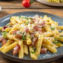Penne rigate z chrupiącym boczkiem, posypane parmezanem i natką pietruszki. Idealne makaron z boczkiem na szybki obiad.