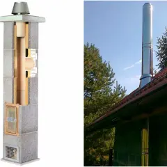 Przekrój komina dymowego systemowego z izolacją i widok jego zewnętrznej części na dachu.