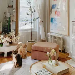 Two cats sit near a tall pier mirror reflecting a bright room with flowers and a painting.