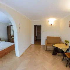 Pokój w sanatorium uzdrowiskowym Limba: łóżko, kanapa, stolik z kwiatami i radio.