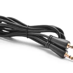 Czarny kabel aux z dwoma wtykami jack 3.5mm. Idealny do podłączenia telefonu do głośników.