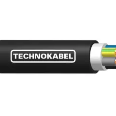 Przekrój kabla TECHNOKABEL z widocznymi żyłami w izolacjach: brązowej, niebieskiej, żółto-zielonej i szarej.