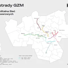 Mapa metropolitalnej sieci tras rowerowych GZM. Kolorowe linie pokazują przebieg tras, w tym te w okolicach Tychów, łączących miasta regionu.