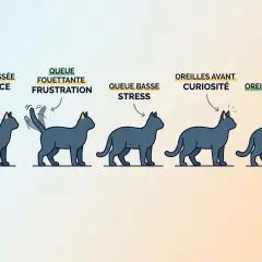 Cinq chats illustrent le langage corporel félin : confiance (queue dressée), frustration (queue fouettante), stress (queue basse), curiosité (oreilles avant) et peur (oreilles arrière).