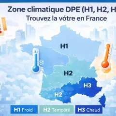Carte de France divisée en zones climatiques DPE : H1 (Froid), H2 (Tempéré) et H3 (Chaud).
