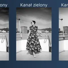 Kobieta w sukience na tle miasta. Obok trzy wersje zdjęcia z różną głębią bitową: kanał czerwony, zielony i niebieski.