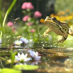 Une grenouille saute dans un jardin luxuriant, entourée de nénuphars et de fleurs colorées.