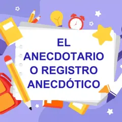 Un anecdotario infantil con libros, lápices y una mochila. Ideal para registrar momentos especiales.