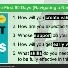 Book cover "The First 90 Days" and 5 questions for navigating leadership changes, focusing on creating value and developing skills.