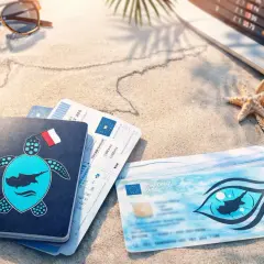 Paszport z motywem żółwia i flagą Polski, bilety lotnicze i karta pokładowa na tle plaży. Czy na Cypr potrzebny jest paszport? Tak, dla obywateli spoza UE.