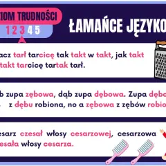 Ilustracja z łamańcami językowymi: tarka, miska zupy, król i grzebienie.