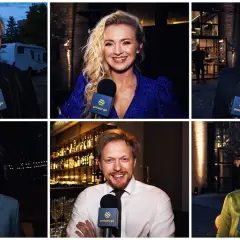 Ludzie z mikrofonami Polsat Go. Jeden z nich trzyma psa, jakby mówił, że miłość ma cztery łapy.