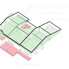 Vue en coupe d'un bâtiment, illustrant la surface de plancher selon le code de l'urbanisme, avec des zones vertes (habitables) et rouges (terrasses).