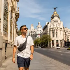 Hombre paseando por una calle de Madrid, disfrutando de su viaje sola. Edificios históricos y un cielo azul acompañan su aventura.