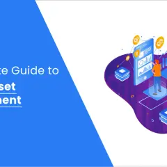 Guide ultime sur la gestion des actifs numériques, avec une illustration isométrique montrant des appareils connectés et des icônes de données.