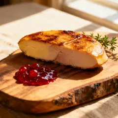 Tranche de foie gras froid, laquée et dorée, servie avec une compotée de fruits rouges et une branche de thym sur une planche en bois.