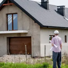 Inżynier z planami w ręku ocenia dom bez ocieplenia. Budowa w toku, szara elewacja i drewniana brama garażowa.