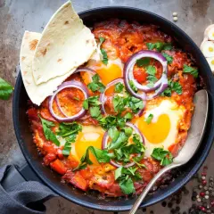 Délicieuse recette de chakchouka dans une poêle, garnie d'œufs, d'oignons rouges et de persil frais. Servi avec du pain pita.