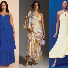 Trzy kobiety w sukienkach plus size: niebieska falbaniasta, wielokolorowa asymetryczna i żółta z wycięciem.