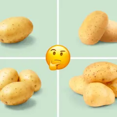 En tankfull emoji funderar på hur mycket potatis per person som behövs. Fyra bilder visar olika mängder potatis.