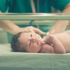 Noworodek w inkubatorze, pielęgniarka wykonuje zabieg Credégo.