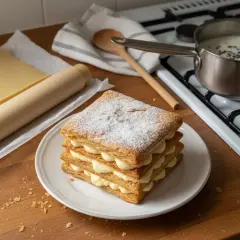 Un mille-feuille prêt à être dégusté, avec de la pâte feuilletée et de la crème pâtissière. On se demande si peut on faire un mille-feuille la veille pour un plaisir garanti.