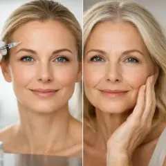 Före och efter-bilder visar en kvinna som får botox i pannan. Bilden till höger visar samma kvinna med mer åldrade drag.