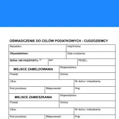 Formularz "Oświadczenie o rezydencji podatkowej" dla cudzoziemców, zawiera pola na dane osobowe, adres zameldowania i zamieszkania.